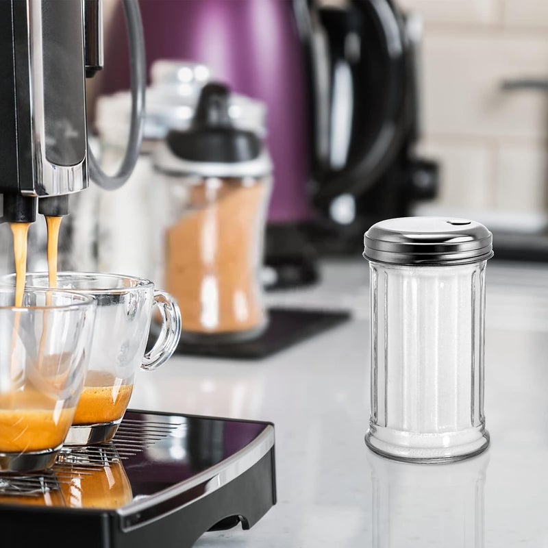 Tebery 4 Pack Sugar Shaker Dispenser Airtight, 12 Oz Thick Glass Sugar Pourer Container with Pour Flap Lid, Powdered Creamer Spice Dispenser for Coffee Bar, Salt, Pepper, Retro Style - Image 5